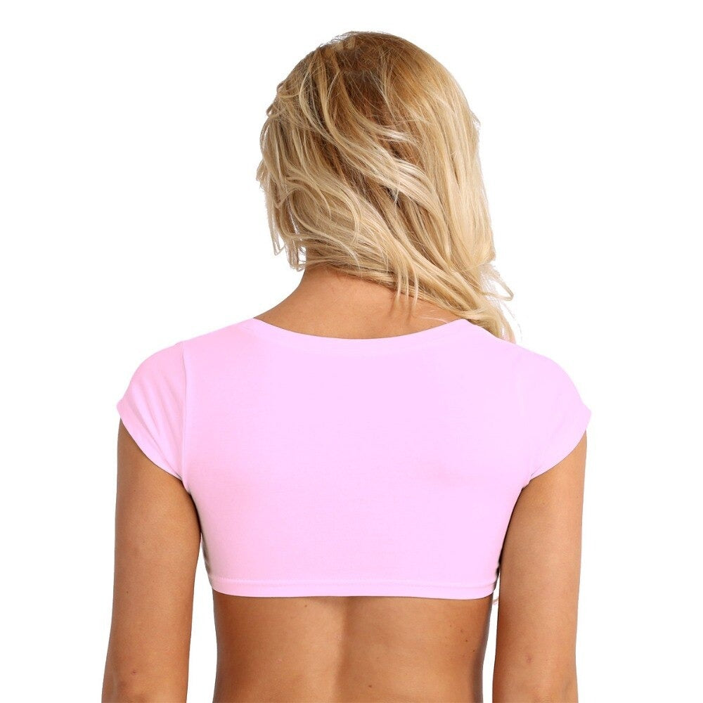 Back view of a pink super cropped T-shirt for women, showcasing a stylish and sexy alternative fashion top.