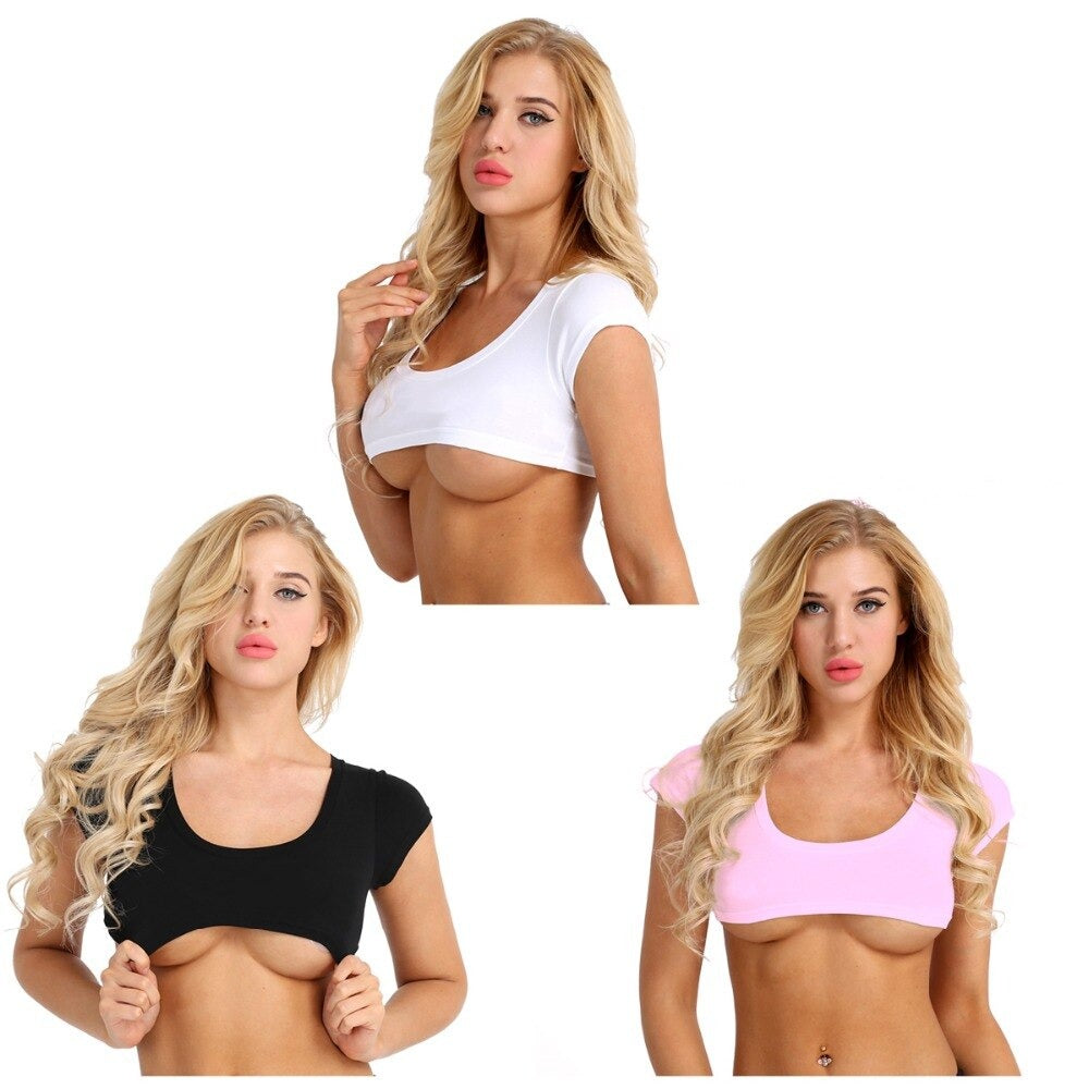 Three sexy super cropped cotton t-shirts for women in black, white, and pink, perfect for summer night hangouts.