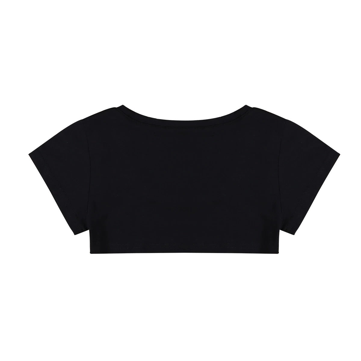 Back view of a super cropped black women's t-shirt, perfect for summer night hangouts and alternative fashion.