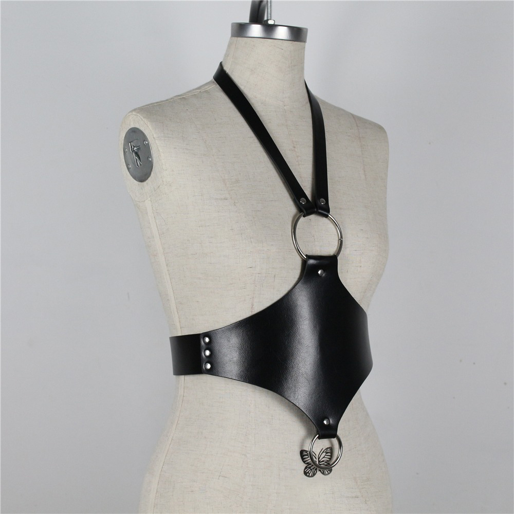 Black PU leather body harness with butterfly charm, perfect for gothic or bondage style outfits.