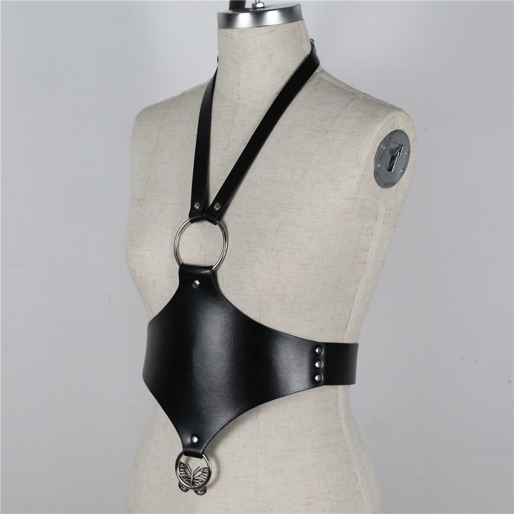 Gothic style PU leather body harness with metal details, showcasing sleek design and adjustable fit for body confidence.