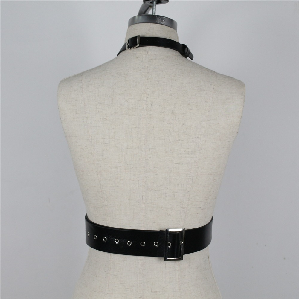 Gothic style black faux leather body harness showcasing adjustable waist suspenders on a mannequin.