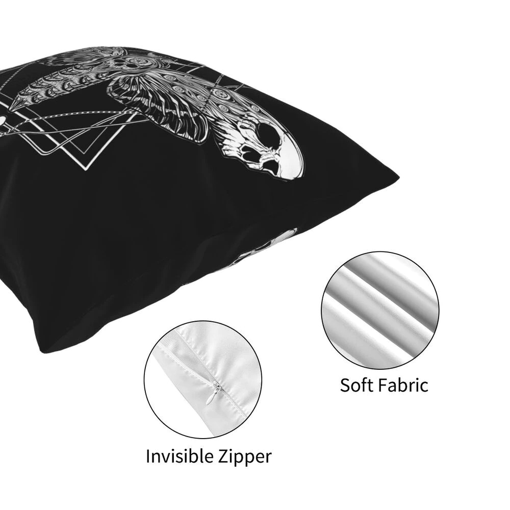 Close-up of surreal skull pillow showing soft fabric and invisible zipper for gothic-style decor.