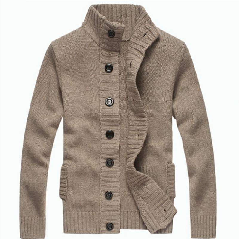 Men's knitted cardigan sweater in light brown, featuring a button-up front and ribbed collar for autumn style.