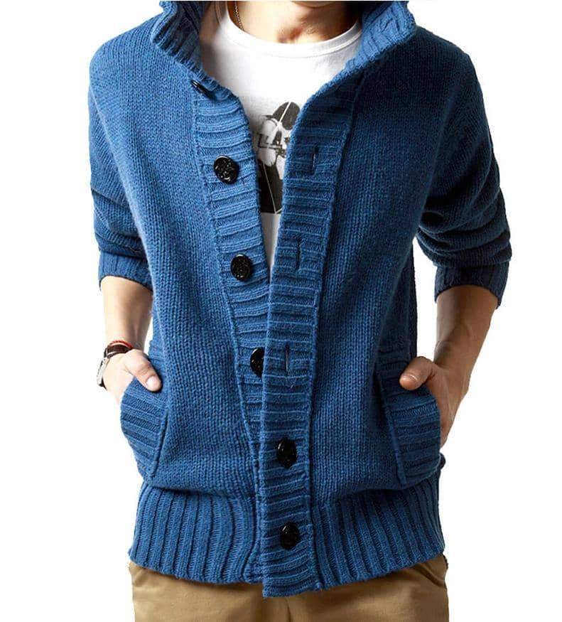Men's blue knitted cardigan with buttons, cozy autumn fashion for a stylish casual look.