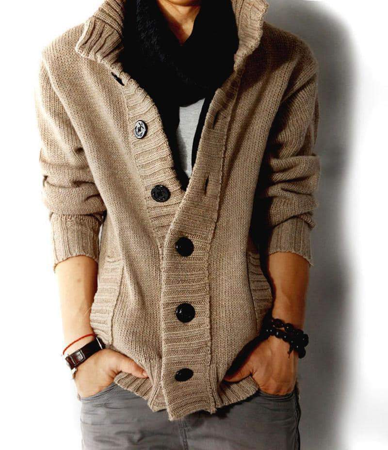 Men's stylish knitted cardigan sweater in light brown, perfect for autumn casual wear with grunge flair.