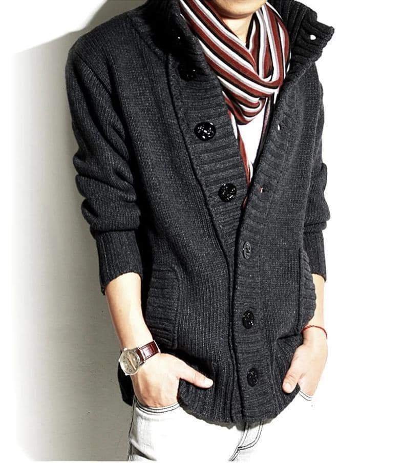 Men's dark gray knitted cardigan sweater with buttons, styled for a casual autumn look.