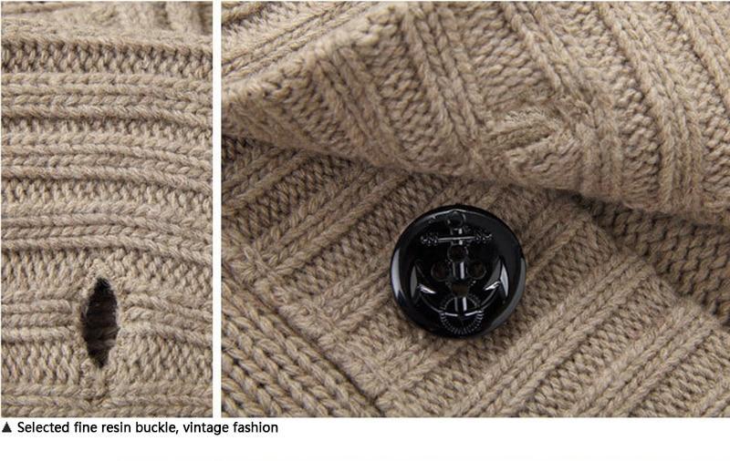 Close-up of men's knitted sweater details featuring a vintage button and textured knit pattern.