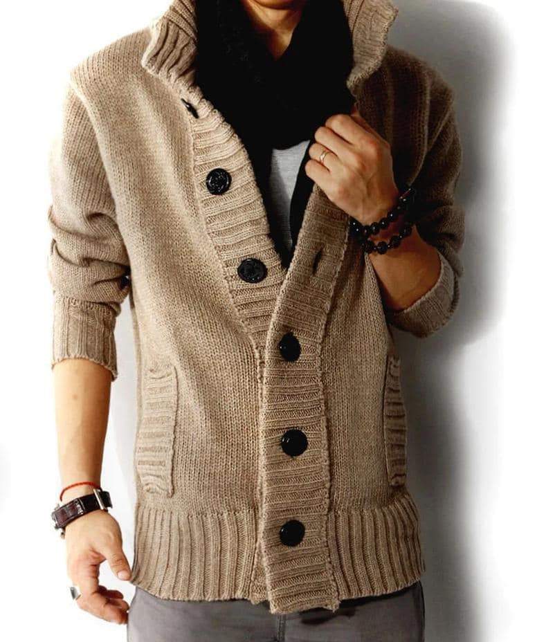 Men's slim-fit knitted cardigan sweater in warm beige, perfect for autumn and casual rock-inspired outfits.