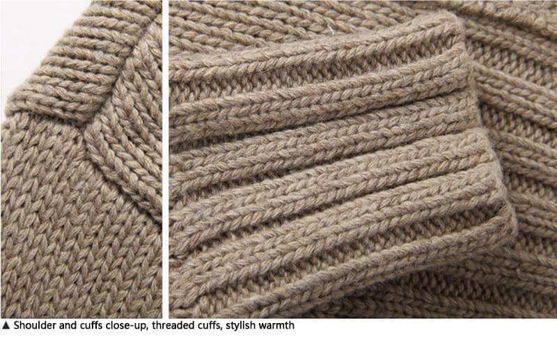 Close-up of a men's knitted sweater shoulder and cuffs, highlighting threaded cuffs for stylish warmth.