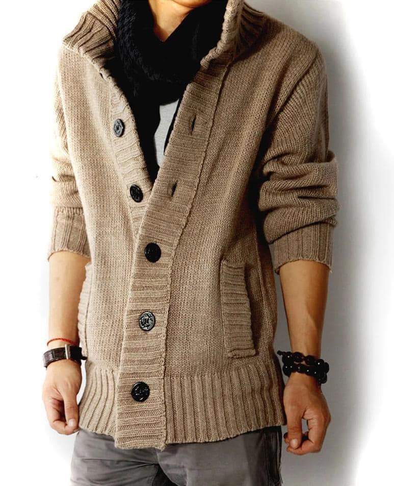 Men's slim fit cardigan sweater in beige with buttons, perfect for autumn rock-inspired casual fashion.