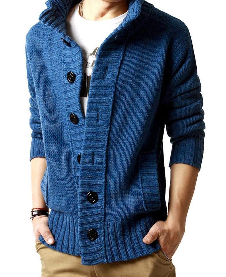 Men's blue knitted cardigan sweater with button closure for warm autumn casual looks.