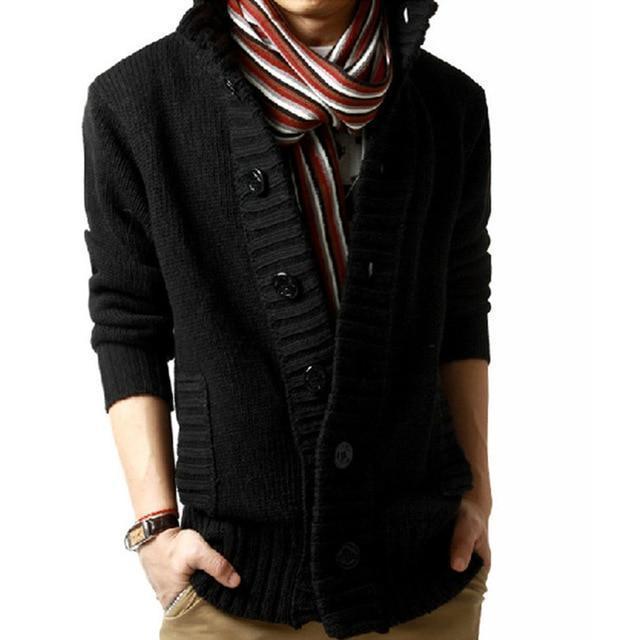 Men's slim fit black cardigan sweater with buttons and a cozy scarf, perfect for autumn casual wear.