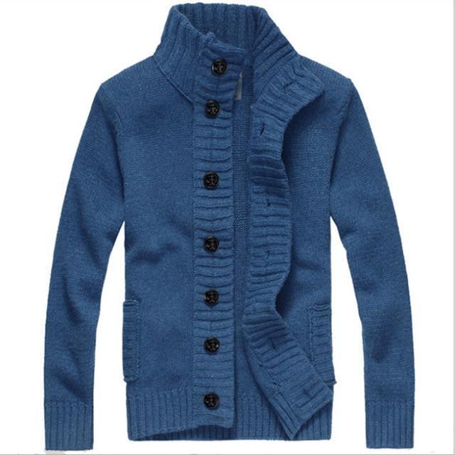 Men's blue knitted cardigan sweater with ribbed collar and buttons, perfect for casual autumn rock fashion.