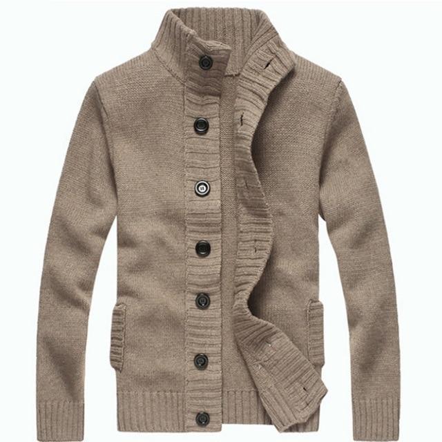 Men's slim fit knitted cardigan sweater in warm beige, featuring a stylish ribbed collar and button closure.