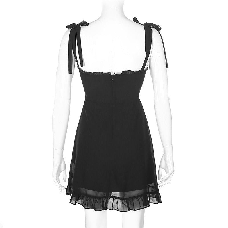 Sweet Black Summer Mini Dresses in Gothic Fashion / Backless Women Sexy Mesh Wrap Sundress - HARD'N'HEAVY