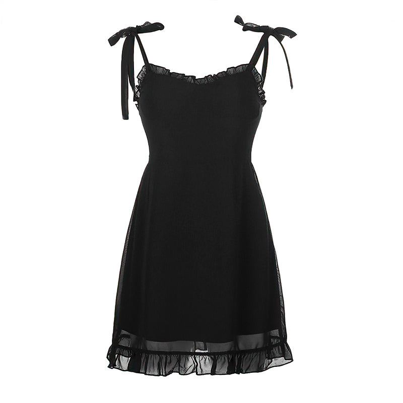 Black summer mini dress with lace trim and bow straps, perfect for gothic fashion lovers.