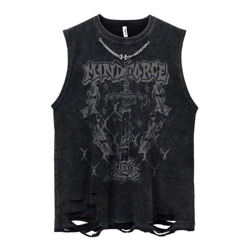 Sword Graphic Ripped Tank Top With Chain / Fashion Sleeveless Cotton Top in Gothic Style