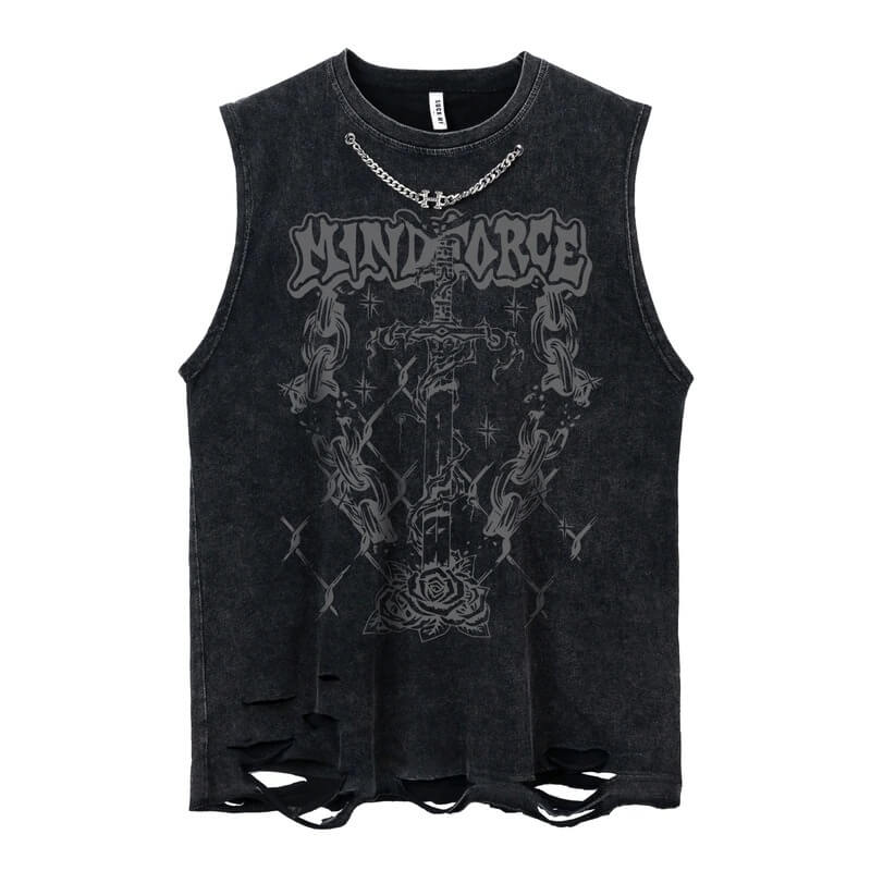 Gothic style women's ripped tank top with sword graphic and chain detail in black.
