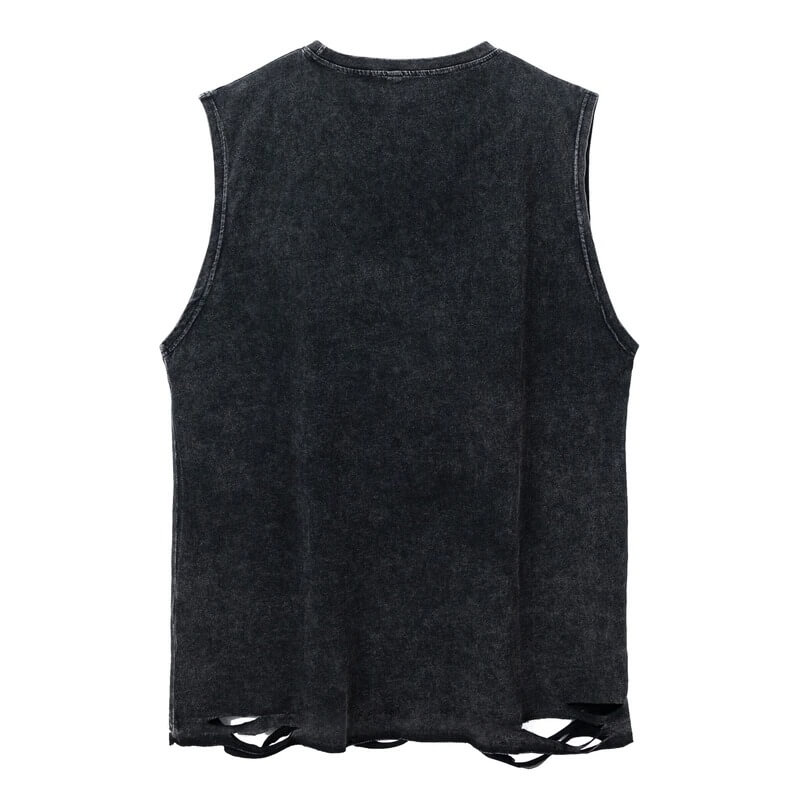 Back view of a women's gothic style ripped tank top in black with chain detail, perfect for edgy fashion enthusiasts.