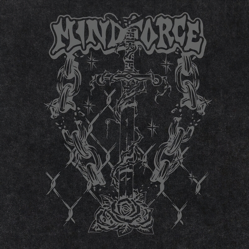 Mindforce graphic featuring a sword surrounded by chains and rose, perfect for gothic-inspired fashion.
