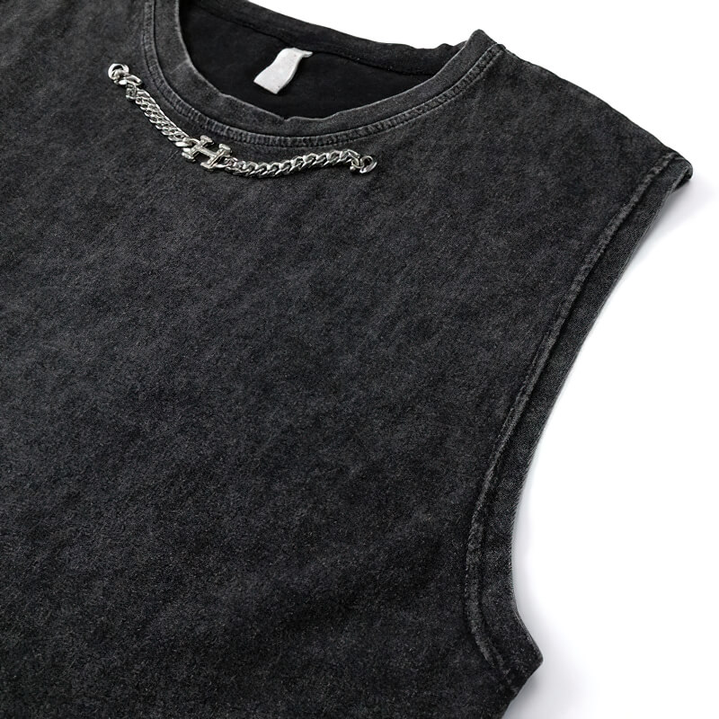 Sword Graphic Ripped Tank Top With Chain / Fashion Sleeveless Cotton Top in Gothic Style