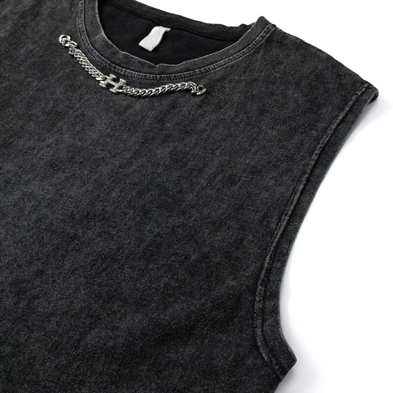 Stylish black ripped tank top with silver chain detail, perfect for gothic fashion lovers.