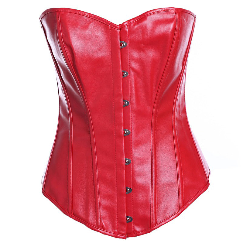 Red synthetic leather lace-up boned corset, highlighting curves for special occasions. Alternative fashion style.