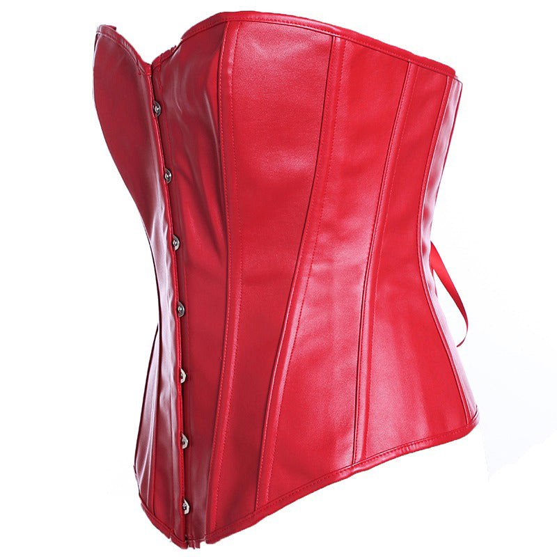 Red synthetic leather lace-up boned corset for women, featuring stylish metal buttons and a flattering design.