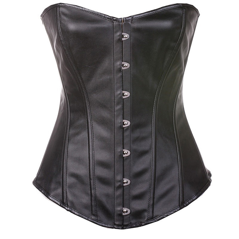 Black synthetic leather lace-up boned corset with decorative metal elements for stylish alternative fashion.