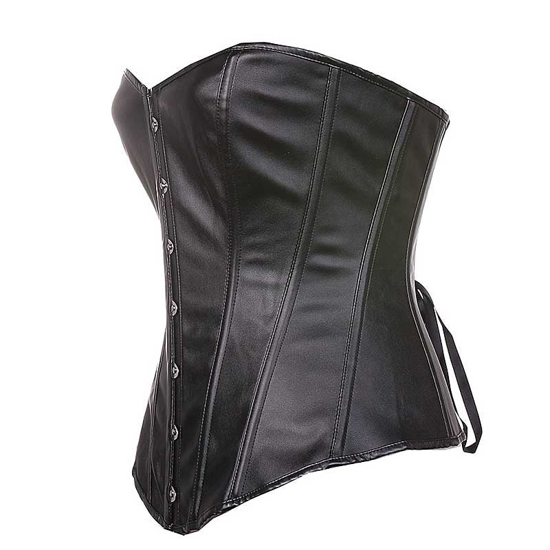 Black synthetic leather lace-up boned corset showcasing stylish metal accents and form-fitting design for alternative fashion.