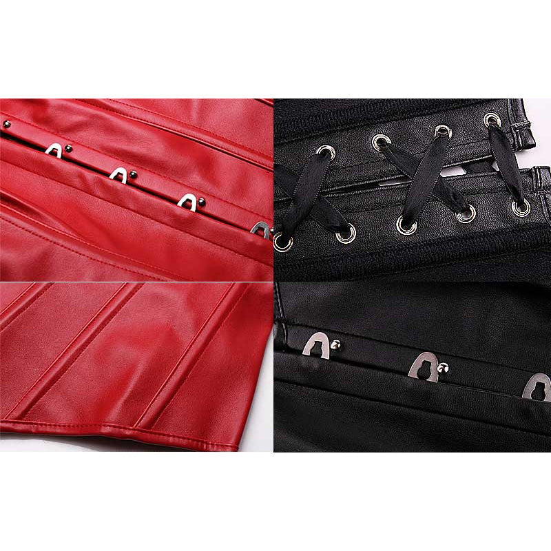 Close-up of red and black synthetic leather corsets showcasing lace-up details and metal elements for stylish alternative fashion.