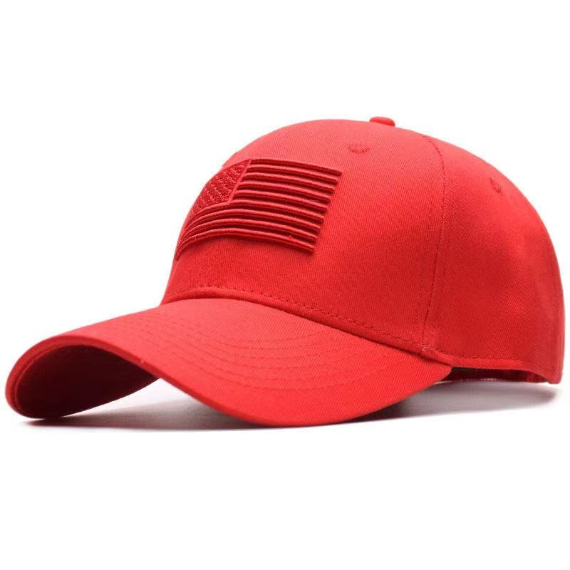 Red tactical baseball cap with USA flag print, perfect for sun protection in summer for men and women.