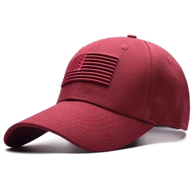 Red tactical baseball cap featuring USA flag, perfect for sun protection and casual style for men and women.