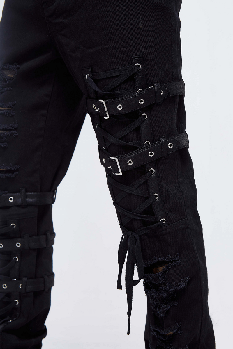Tactical Lace Hole Belt Pants for Men / Gothic Black Skinny Jeans / Steampunk Trousers - HARD'N'HEAVY