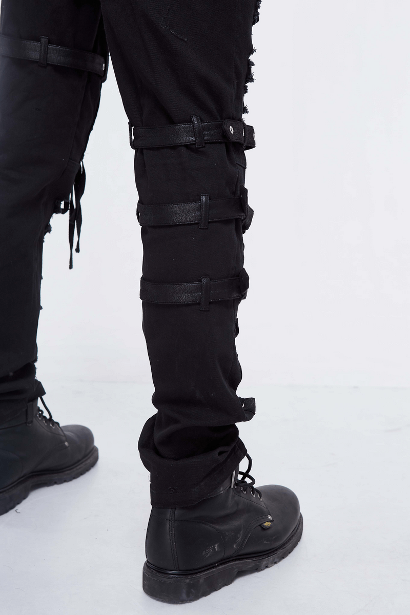 Tactical Lace Hole Belt Pants for Men / Gothic Black Skinny Jeans / Steampunk Trousers - HARD'N'HEAVY