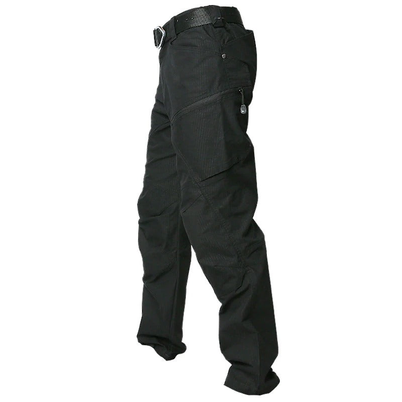 Tactical men's military cargo pants in black with multiple pockets, designed for hunting and outdoor activities.