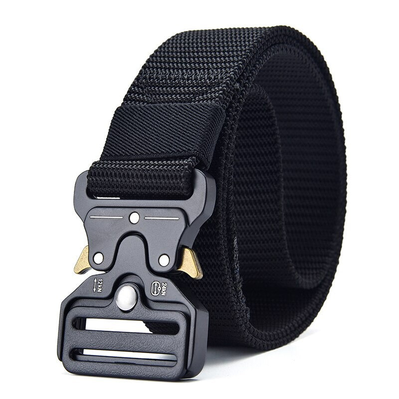 Tactical nylon belt featuring a metal multifunctional buckle, perfect for outdoor activities like fishing and hunting.