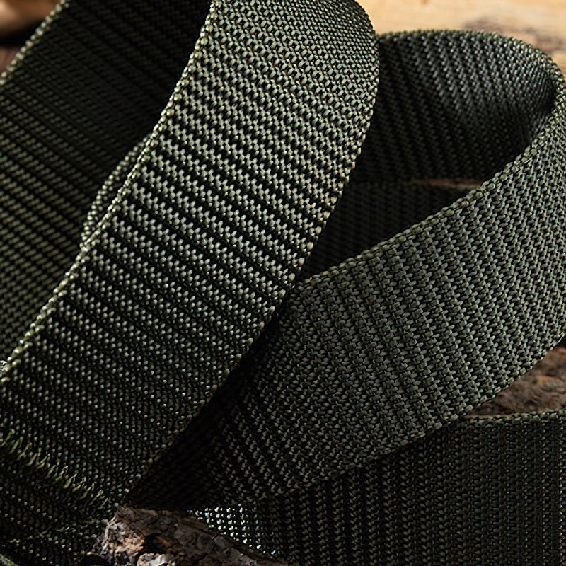 Close-up of tactical nylon belts in dark green, showcasing durability and versatility for outdoor activities.