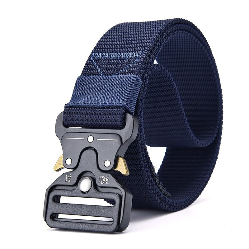 Navy tactical nylon belt with metal multifunctional buckle for outdoor activities and casual wear.