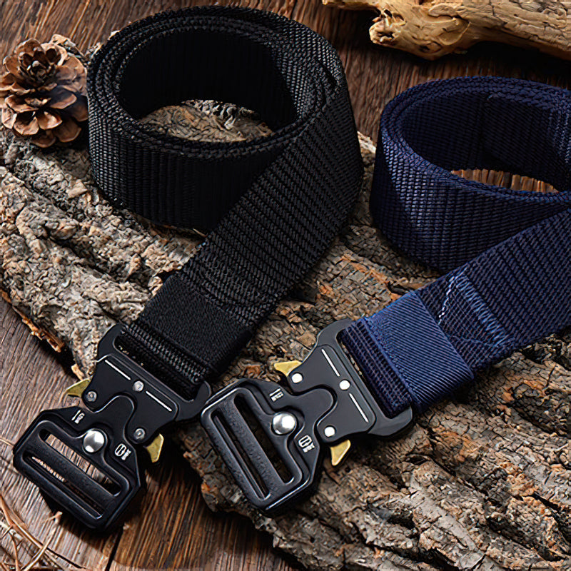 Tactical nylon belts in black and navy with multifunctional metal buckles, ideal for outdoor activities and casual wear.