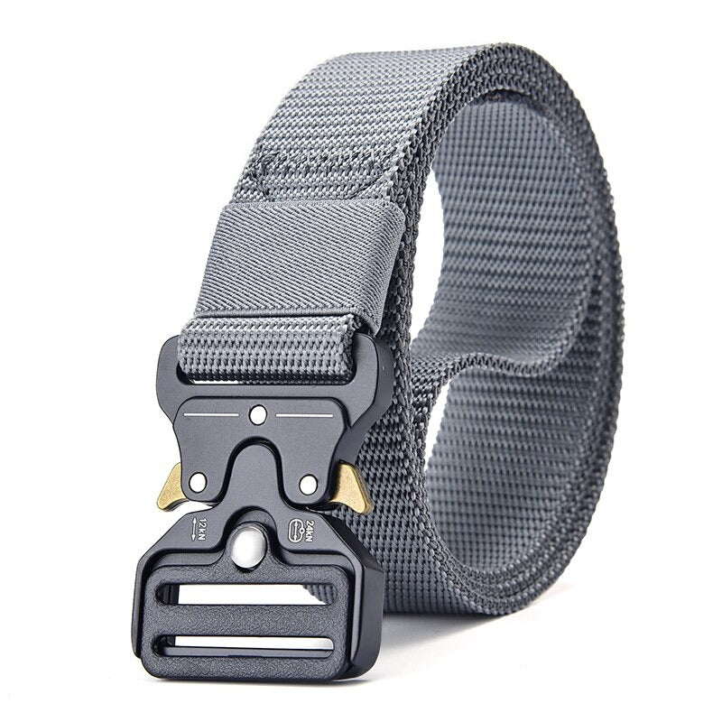 Tactical nylon belt with multifunctional metal buckle in grey, ideal for outdoor activities and casual wear.
