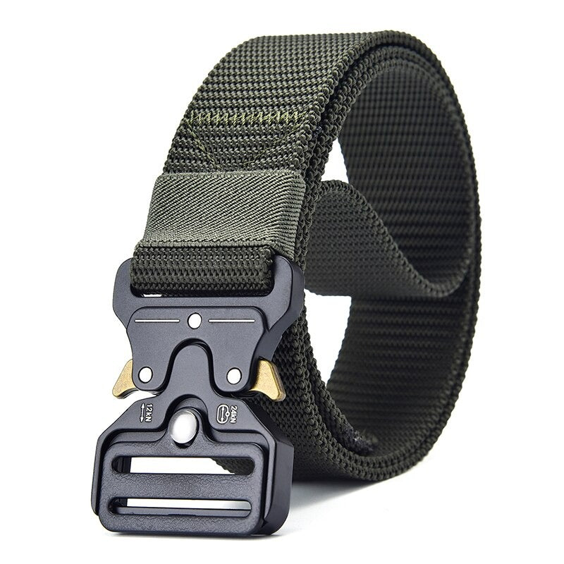 Tactical nylon belt with a metal multifunctional buckle, ideal for fishing and hunting, available in multiple colors.