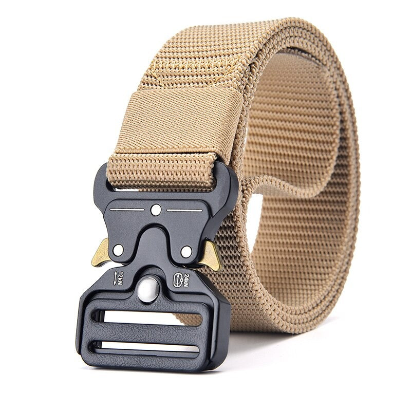 Tactical nylon belt with a metal multifunctional buckle, perfect for outdoor activities and unisex use.