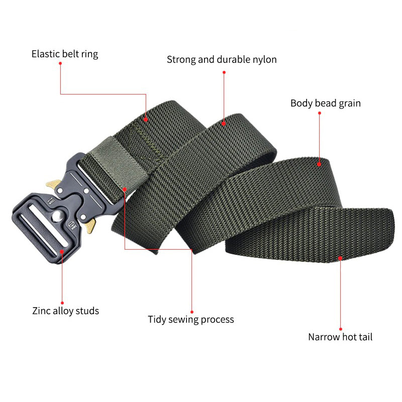 Tactical nylon belt with multifunctional metal buckle, showcasing durable material and features for outdoor activities.