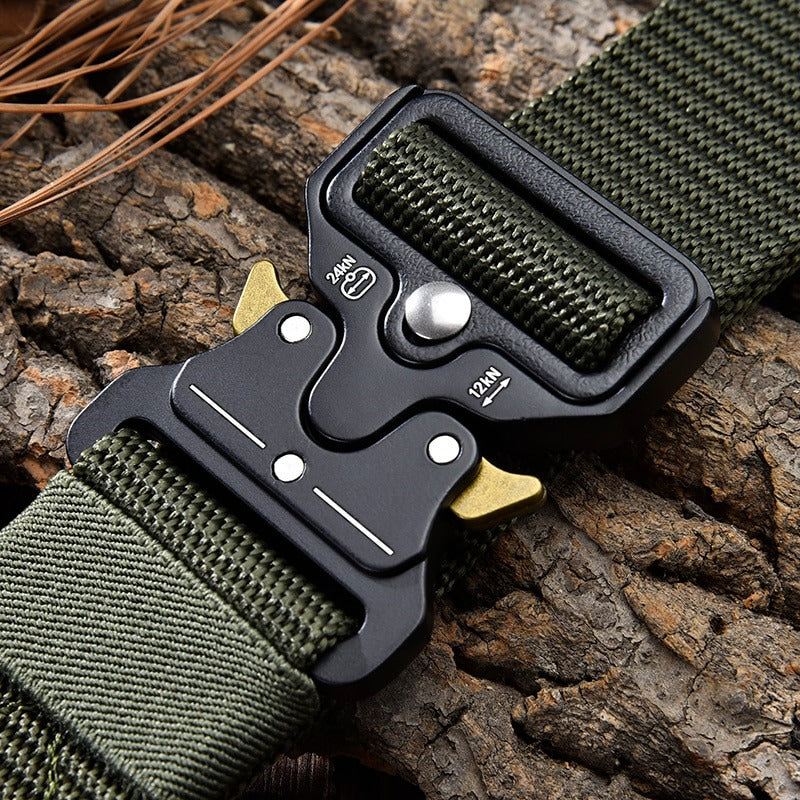 Close-up of a tactical nylon belt with a metal multifunctional buckle, showcasing its durable design and functionality.