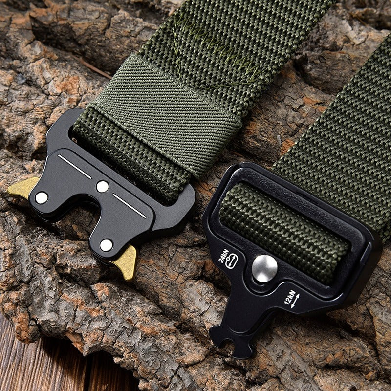 Tactical nylon belt with metal multifunctional buckle in green color, perfect for outdoor sports and activities.