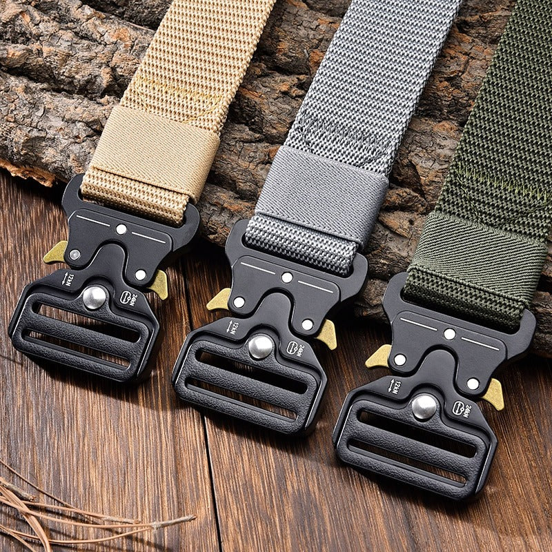 Tactical nylon belts with multifunctional metal buckles in tan, gray, and green colors, perfect for outdoor activities.