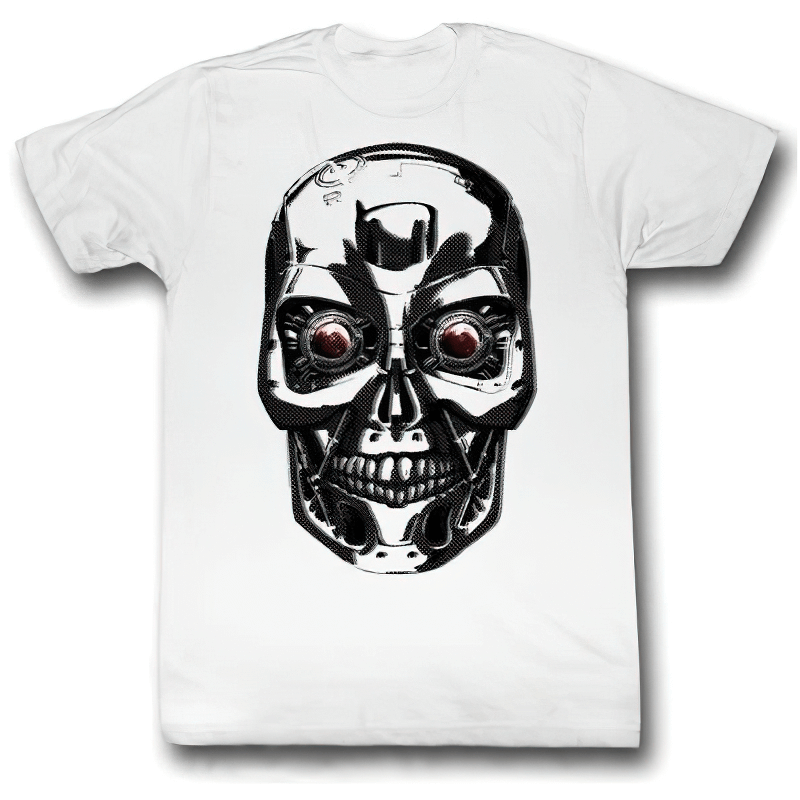 Cool men's cotton T-shirt featuring a terminator face print with big eyes, perfect for casual style!