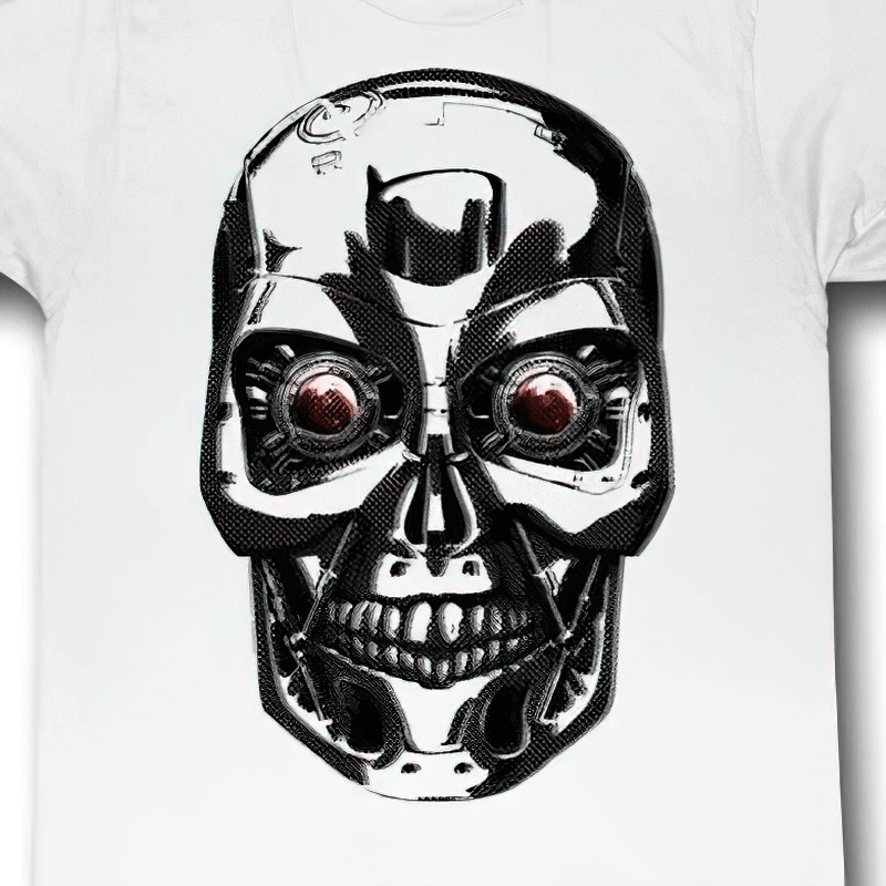 Men's white t-shirt featuring a bold terminator face print with big red eyes, perfect for casual wear.